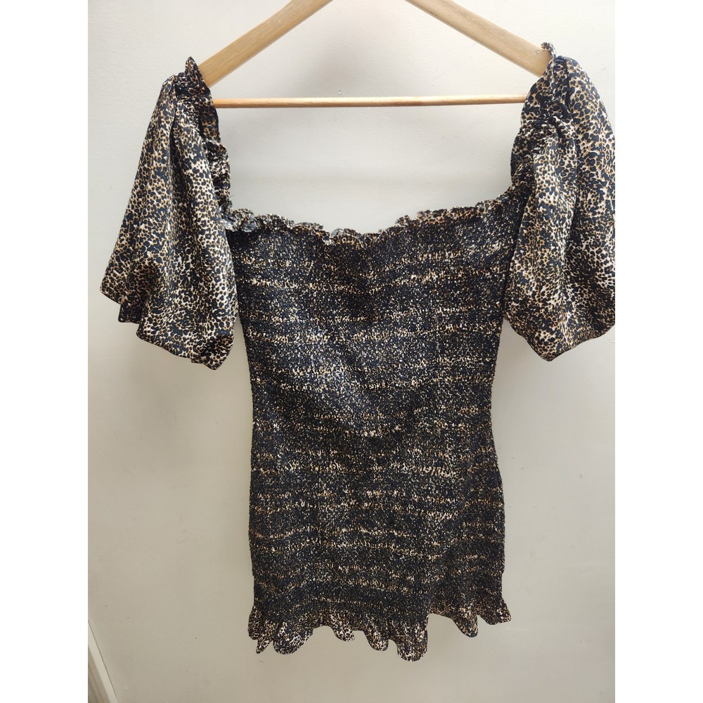Topshop Leopard Print Smocked Puff Sleeve Mini‎ Dress Square Neck  US 6